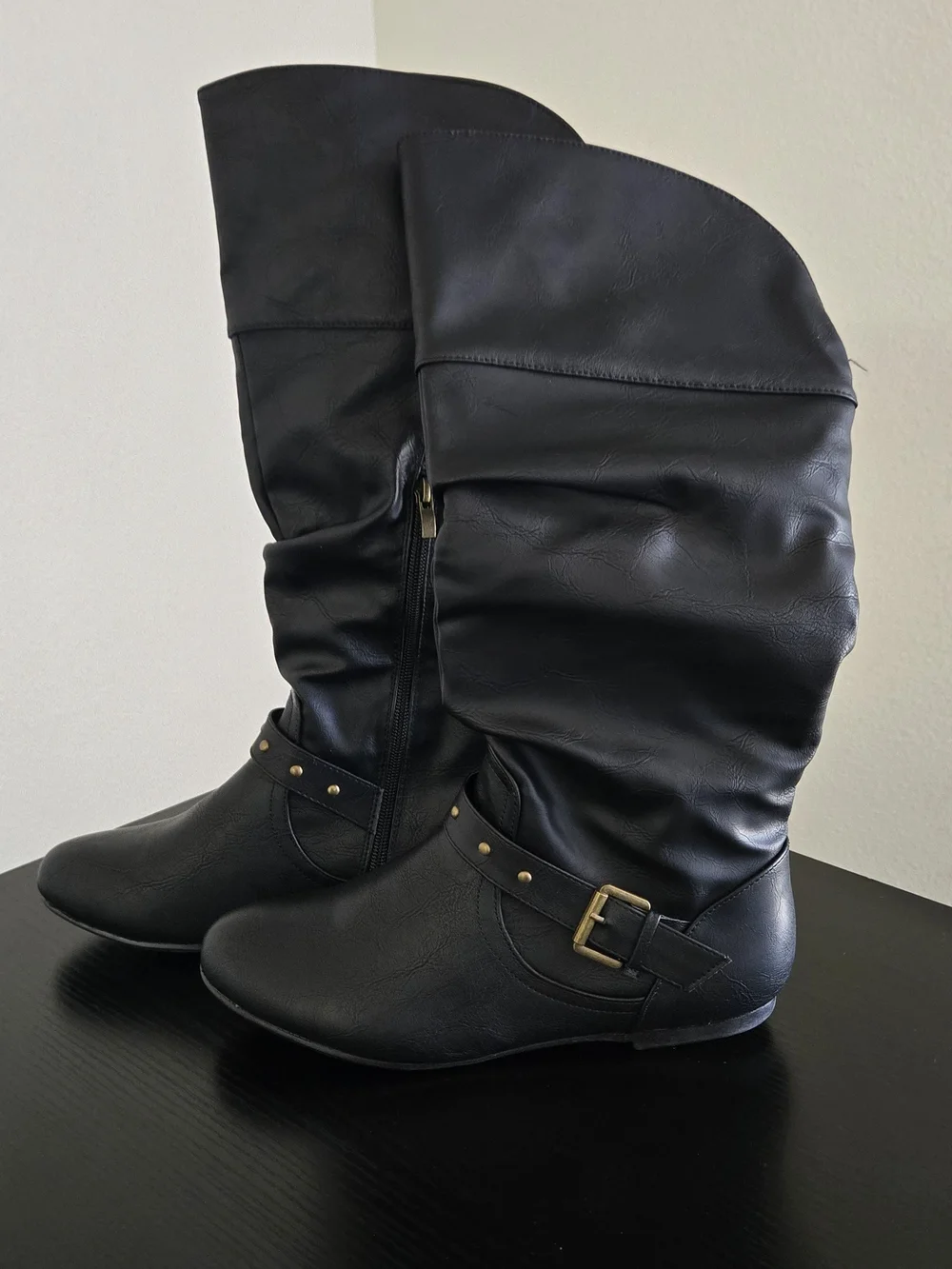 Women's Black Mid-Calf Buckle Boots - Stylish Everyday Riding Boot